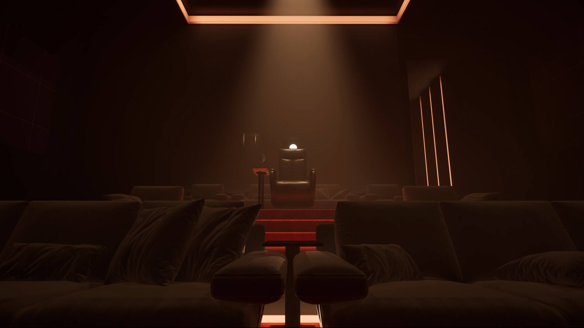 Dead Take screenshot of a private cinema, with a director&#039;s chair in the center sitting in a single spotlight