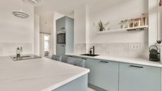 This small white kitchen with blue cabinets is the dream outcome if you need to organize a small kitchen quickly