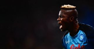 Manchester United target Victor Osimhen reacts after scoring his side's second goal during the Italian Serie A football match between Sassuolo and Napoli on February 17, 2023 at the Citta del tricolore stadium in Sassuolo.
