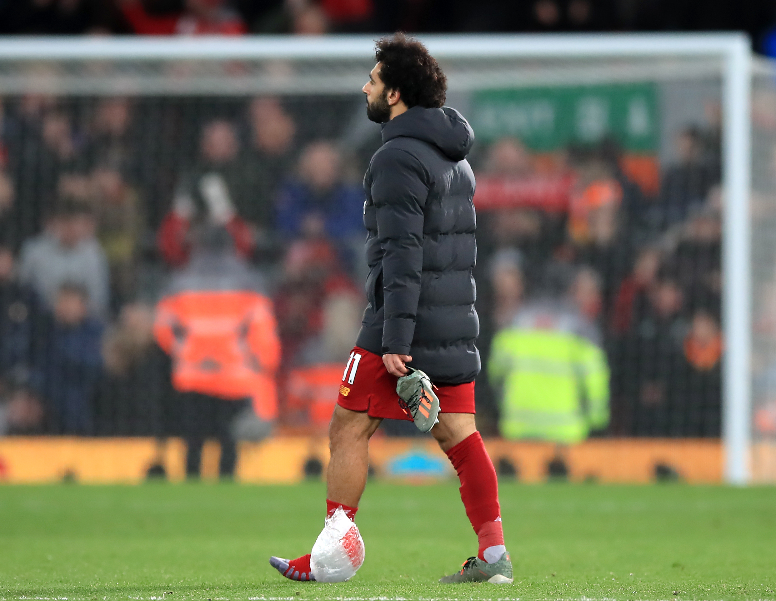 Mohamed Salah with ice on his ankle after Sunday's game