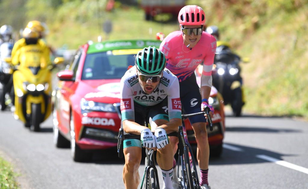 CANTAL FRANCE SEPTEMBER 11 Maximilian Schachmann of Germany and Team Bora Hansgrohe Neilson Powless of The United States and Team EF Pro Cycling Breakaway during the 107th Tour de France 2020 Stage 13 a 1915km stage from ChtelGuyon to Pas de PeyrolLe Puy Mary Cantal 1589m TDF2020 LeTour on September 11 2020 in Cantal France Photo by Tim de WaeleGetty Images