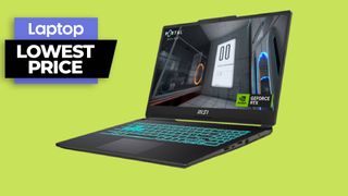 MSI Cyborg 15 gaming laptop in black with blue LED keyboard against a neon green background
