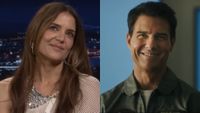 Katie Holmes smiling on The Tonight Show and Tom Cruise smiling in Top Gun: Maverick. 
