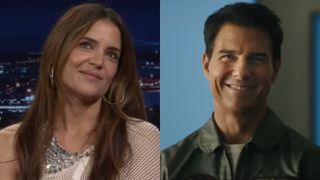 Katie Holmes smiling on The Tonight Show and Tom Cruise smiling in Top Gun: Maverick. 
