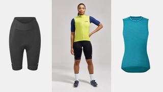 A collection of clothing from British sportswear brand Le Col, including shorts, gilet, and baselayer