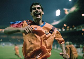 Pep Guardiola celebrates Barcelona's European Cup final win over Sampdoria at Wembley in May 1992.