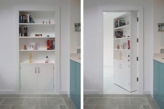 Two side by side images of a bookcase door open and closed