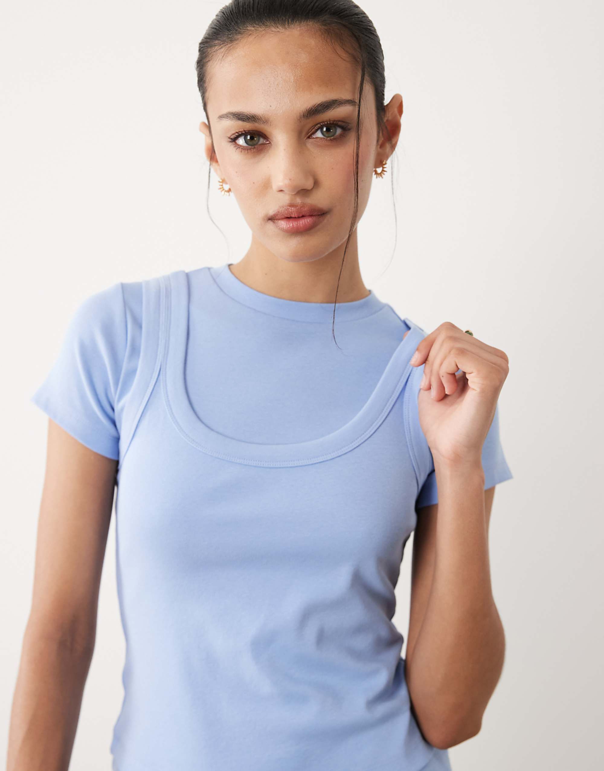 Asos Design Double Layer Short Sleeve Top in Pastel Blue