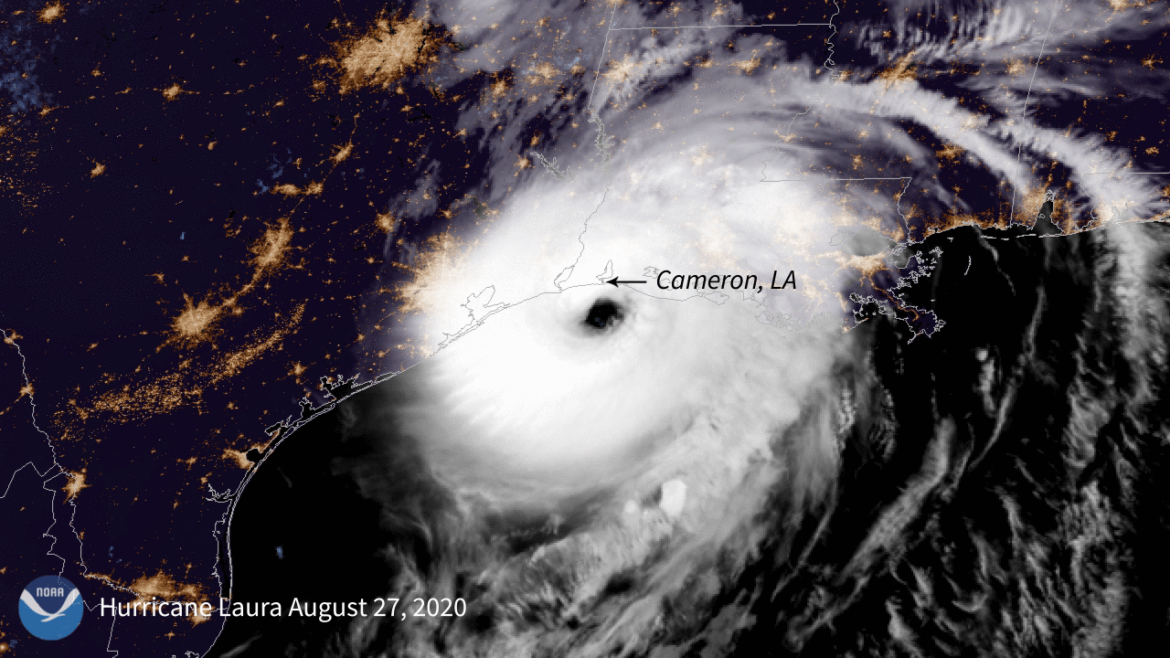 During the early morning hours of August 27, 2020, NOAA's GOES-East saw Hurricane Laura make landfall at Cameron, Louisiana as a Category 4 hurricane.