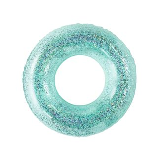 A blue glittery donut pool floatie