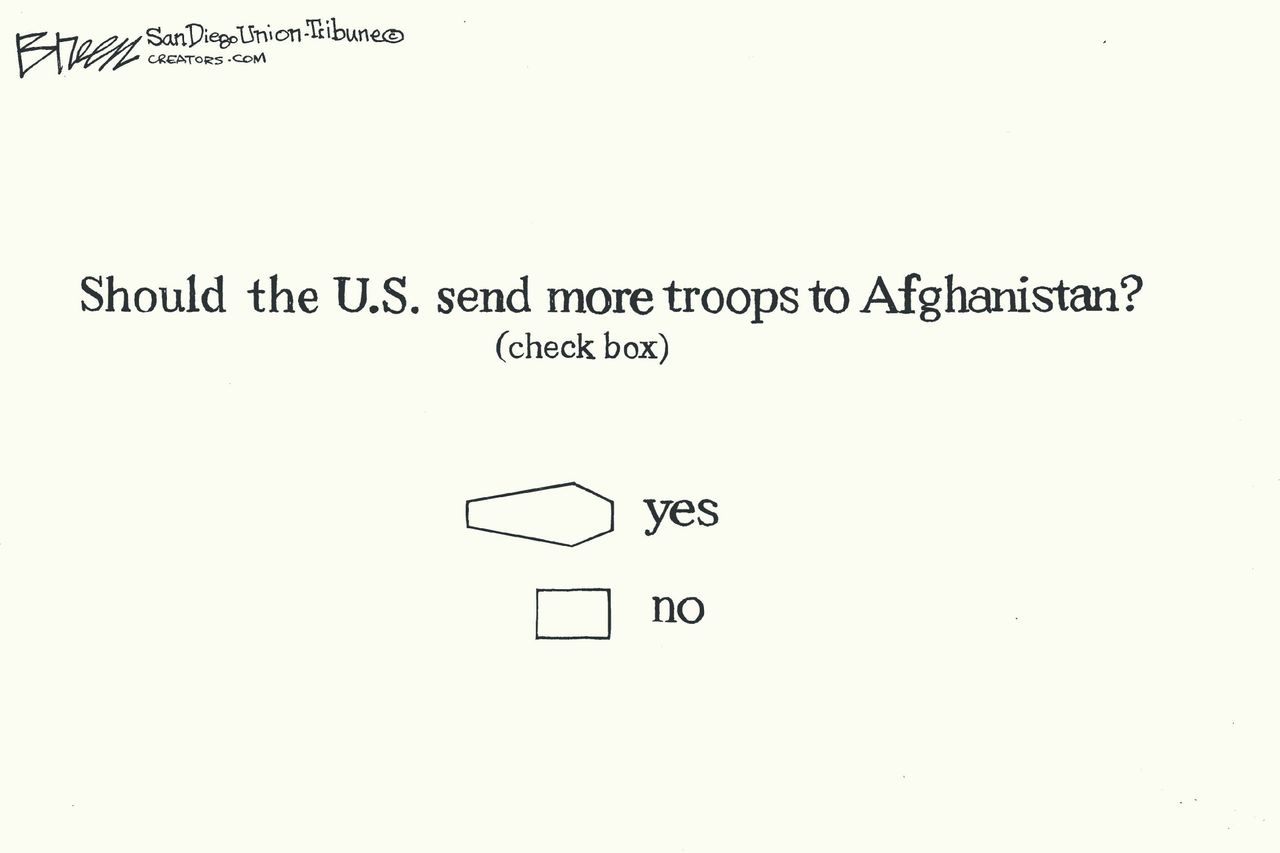 Political Cartoon U.S. Afghanistan war send troops overseas