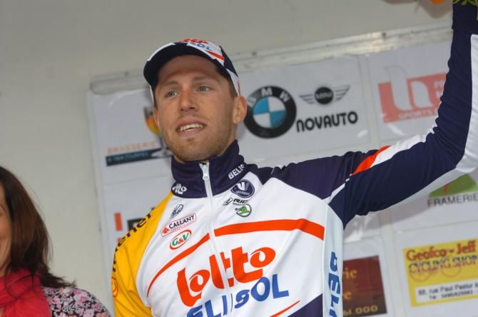 2013 Grand Prix Pino Cerami champion Jonas Vangenechten (Lotto Belisol) on the podium