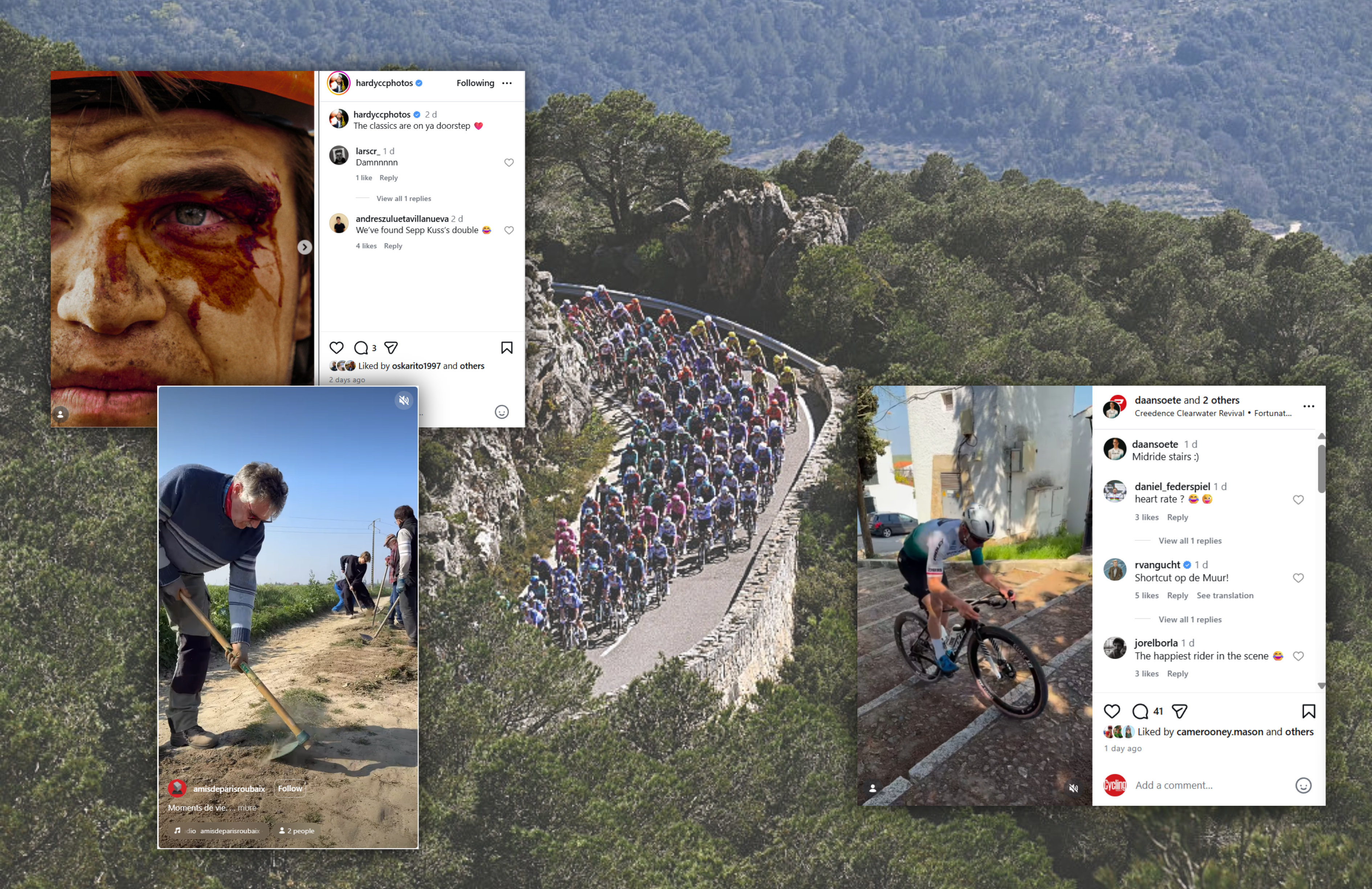 Screenshots over a photo of the Volta a Catalunya