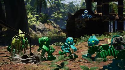 a bunch of fan-made bionicles standing in a forest