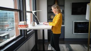 Best standing desks: woman in office using laptop on standing desk