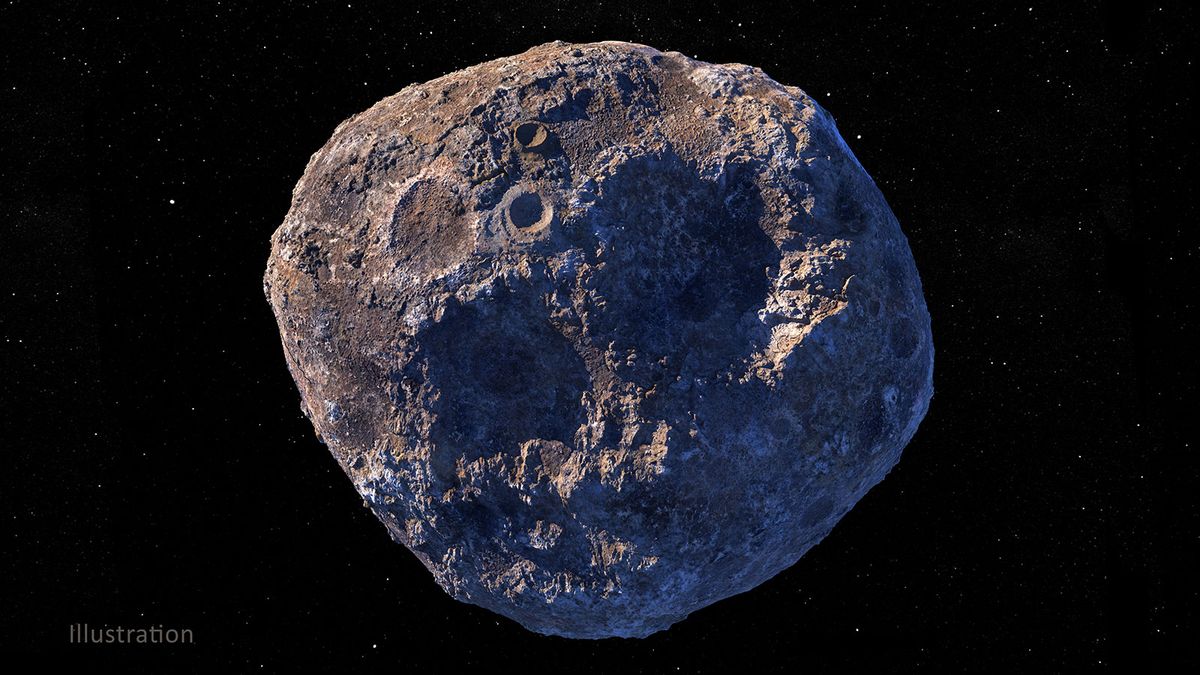 An artist&#039;s depiction of the metal-rich asteroid Psyche.