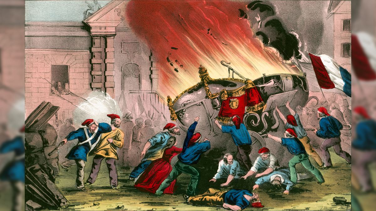 French revolutionaries wearing red phrygian caps burn the royal carriages at the Chateau d&#039;Eu during the French Revolution of 1848.