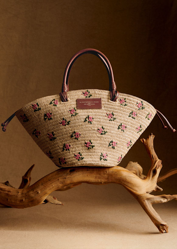 Justine Basket Bag - Embroidered Pink Flowers Raffia - Raffia - Sézane