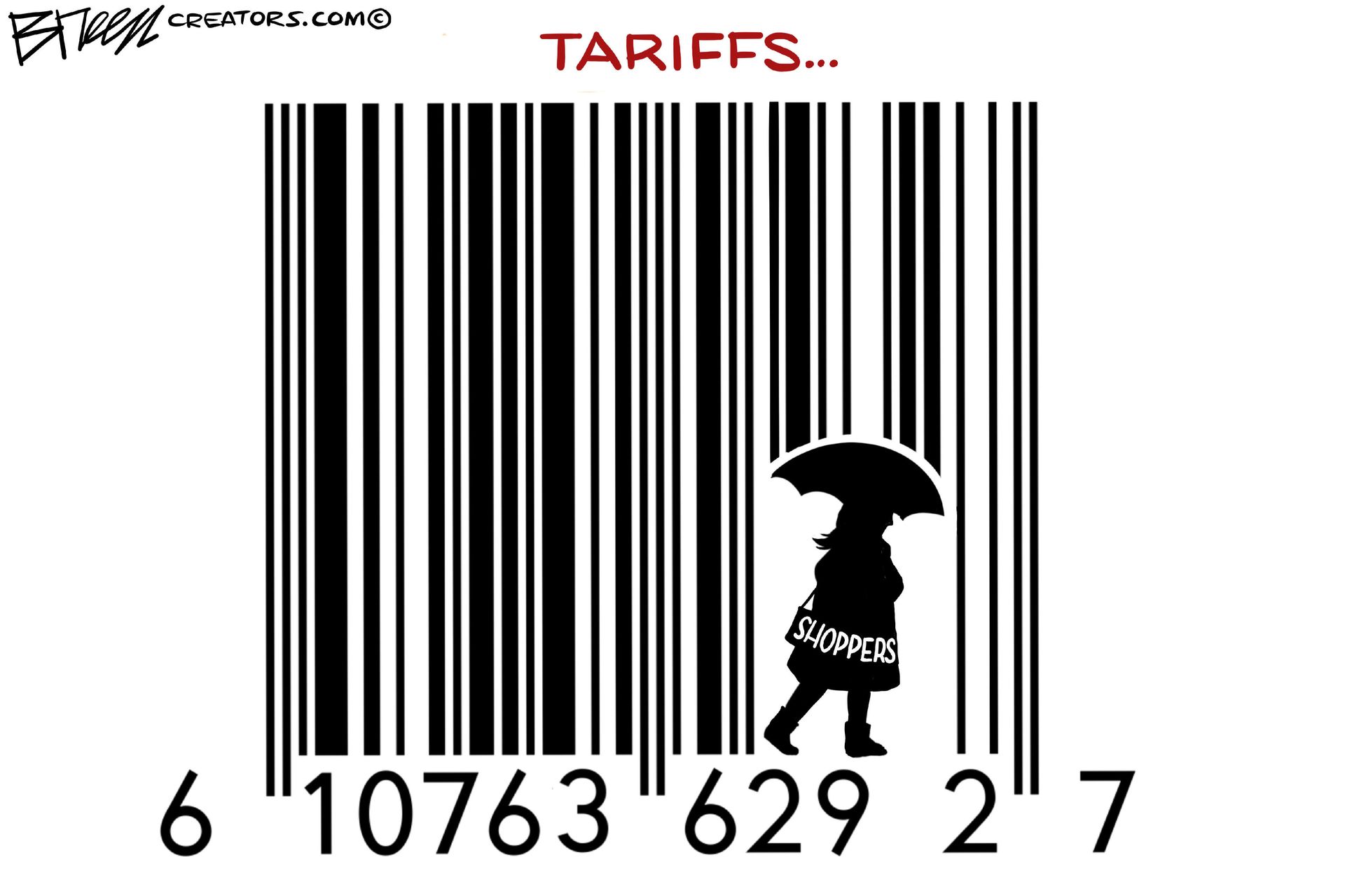 
                                This cartoon depicts a silhouette of a person with an umbrella walking across a giant barcode. Above the barcode, the word &quot;TARIFFS...&quot; is written. Below the barcode, the word &quot;SHOPPERS&quot; is partially visible on the person&#039;s bag.
                            