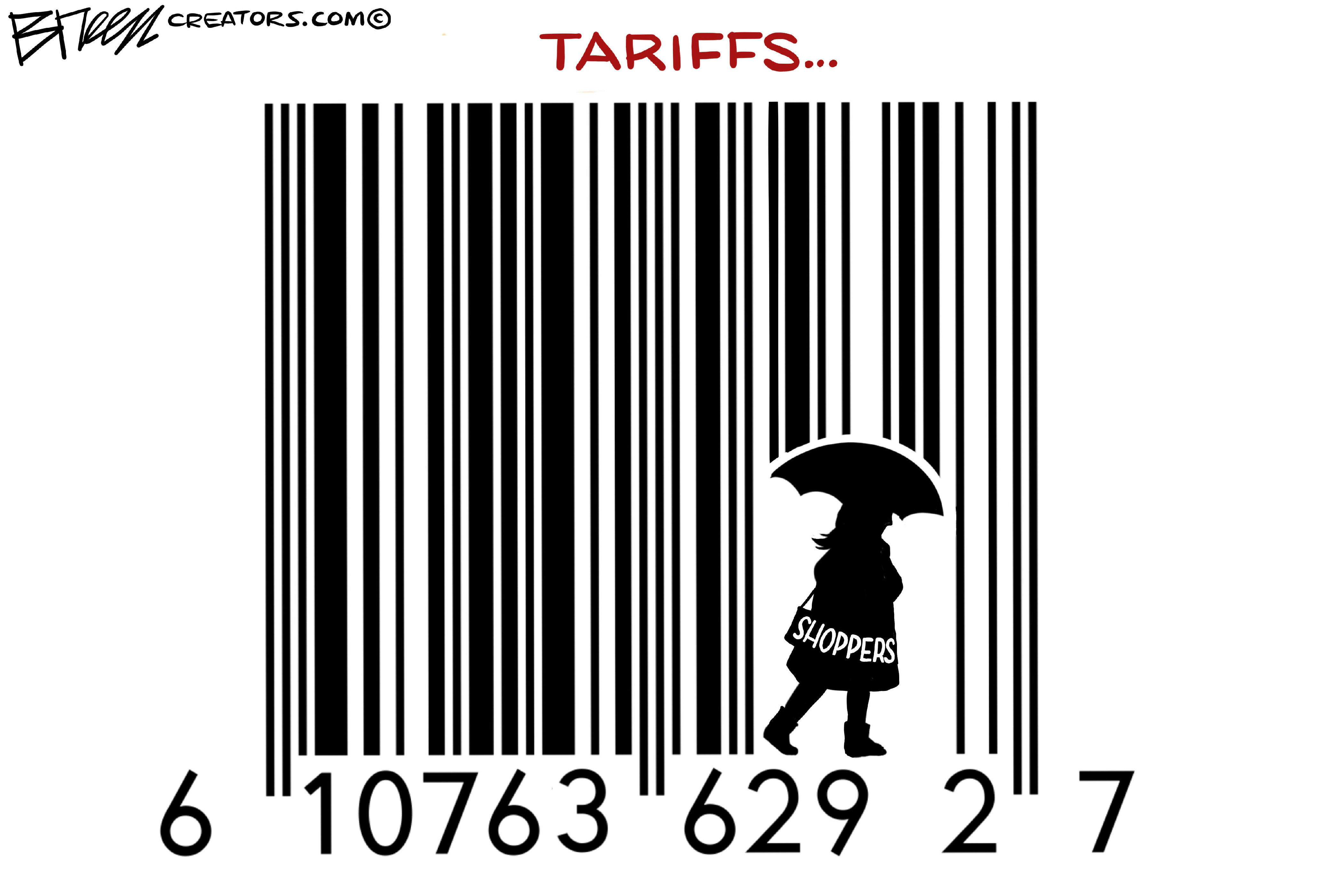 This cartoon depicts a silhouette of a person with an umbrella walking across a giant barcode. Above the barcode, the word "TARIFFS..." is written. Below the barcode, the word "SHOPPERS" is partially visible on the person's bag.