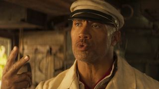 Dwayne Johnson as an old timey riverboat tour guide in Jungle Cruise