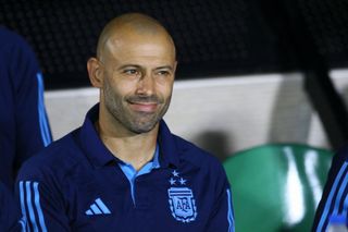 Argentina 2024 Olympics squad Argentina's head coach Javier Mascherano gestures during the Venezuela 2024 CONMEBOL Pre-Olympic Tournament Group B football match between Peru and Argentina at the Misael Delgado stadium in Valencia, Venezuela on January 24, 2024. (Photo by Juan Carlos Hernandez / AFP) (Photo by JUAN CARLOS HERNANDEZ/AFP via Getty Images)