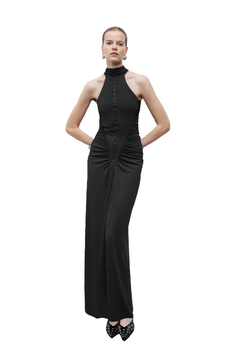 Black Halter Neck Maxi Dress With Draped Waist