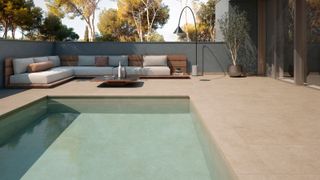 swimming pool with patio surround, garden sofas, lights and planter