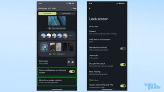 Screenshots showing the notifications option and full Settings for customizing the Android 14 lock screen