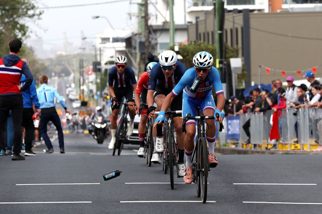 WOLLOGONG AUSTRALIA SEPTEMBER 23 Pavel Novk of Czech Republic throws a bottle competing in the breakaway during the 95th UCI Road World Championships 2022 Men Junior Road Race a 1356km race from Wollongong to Wollongong Wollongong2022 on September 23 2022 in Wollongong Australia Photo by Con ChronisGetty Images