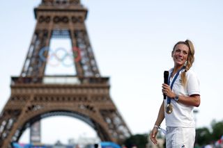 PARIS FRANCE JULY 29 Cycling Mountain Bike Gold Medalist Pauline Ferrand Prevot of Team France speaks at Champions Park on day three of the Olympic Games Paris 2024 at on July 29 2024 in Paris France Photo by Maja HitijGetty Images