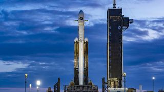 A SpaceX Falcon Heavy rocket carrying a U.S. Space Force X-37B space plane stands atop Pad 39A of NASA's Kennedy Space Center in Cape Canaveral, Florida ahead of a Dec. 11, 2023 launch.