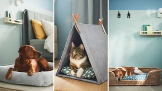 collage of three pet beds for dogs and cats from the new IKEA pet range