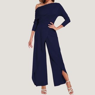 navy Amazon jumpsuit on model 