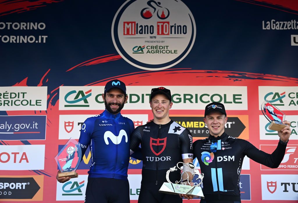 ORBASSANO ITALY MARCH 15 LR Fernando Gaviria of Colombia and Movistar Team on second place race winner Arvid De Kleijn of The Netherlands and Tudor Pro Cycling Team and Casper Van Uden of The Netherlands and Team DSM on third place pose on the podium ceremony after the the 104th MilanoTorino 2023 a 192km one day race from Rho to Orbassano MilanoTorino on March 15 2023 in Orbassano Italy Photo by Tim de WaeleGetty Images
