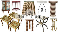 Chic living room side tables in antique, canvas-upholstered, skirted, spindle-leg, and sculptural brass styles, pictured against a white background