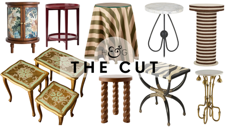 Chic living room side tables in antique, canvas-upholstered, skirted, spindle-leg, and sculptural brass styles, pictured against a white background