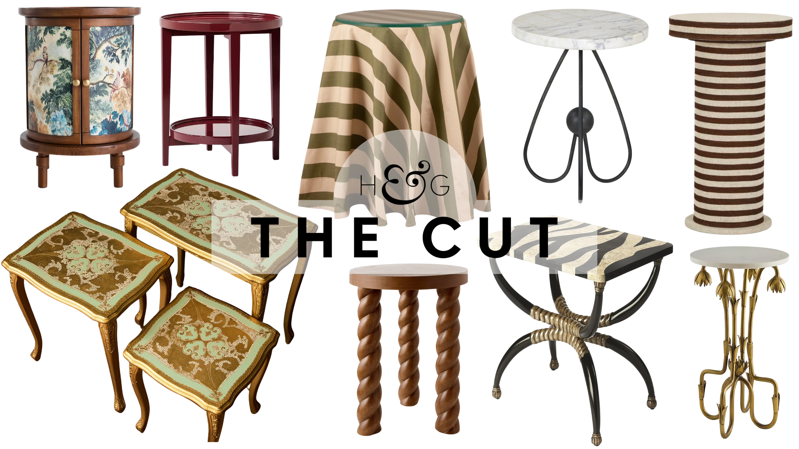 Chic living room side tables in antique, canvas-upholstered, skirted, spindle-leg, and sculptural brass styles, pictured against a white background