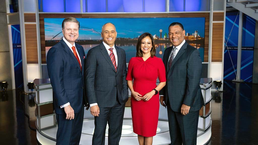 WFAA&#039;s late news crew includes (from l.): chief meteorologist Pete Delkus, anchors Chris Lawrence and Cynthia Izaguirre, and sports anchor Joe Trahan. 