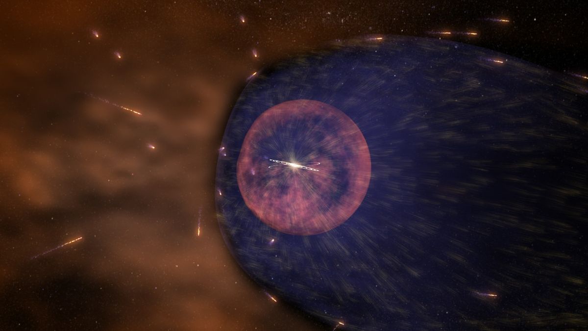 The heliosphere blocks many cosmic rays, shown as bright streaks in this animated image, from reaching the planets of our solar system.