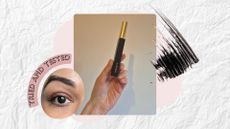 On the left, framed by the words 'tried and tested' is a close-up picture of Digital Beauty Shopping & eCom Editor, Aleesha Badkar's eye, with Merit's Clean Lash mascara applied to her curled eyelashes. In the middle is a picture of Digital Beauty Writer, Naomi Jamieson seen holding the tube of Merit Mascara in front of a white wall/ all featured on a paper-effect template with a mascara streak. 