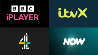 UK TV streaming service logo compilation: BBC iPlayer, ITVX, Channel 4, Now