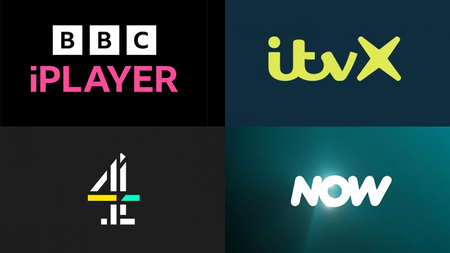UK TV streaming service logo compilation: BBC iPlayer, ITVX, Channel 4, Now