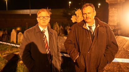 The Steeltown Murders true story explained. Seen here are Phil Rees (STEFFAN RHODRI) and DCI Paul Bethell (PHILIP GLENISTER)