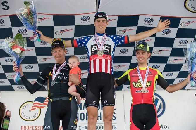 Tim Zirbell, Taylor Phinney (BMC) and David Williams on the podium after the 2014 USA national time trial race