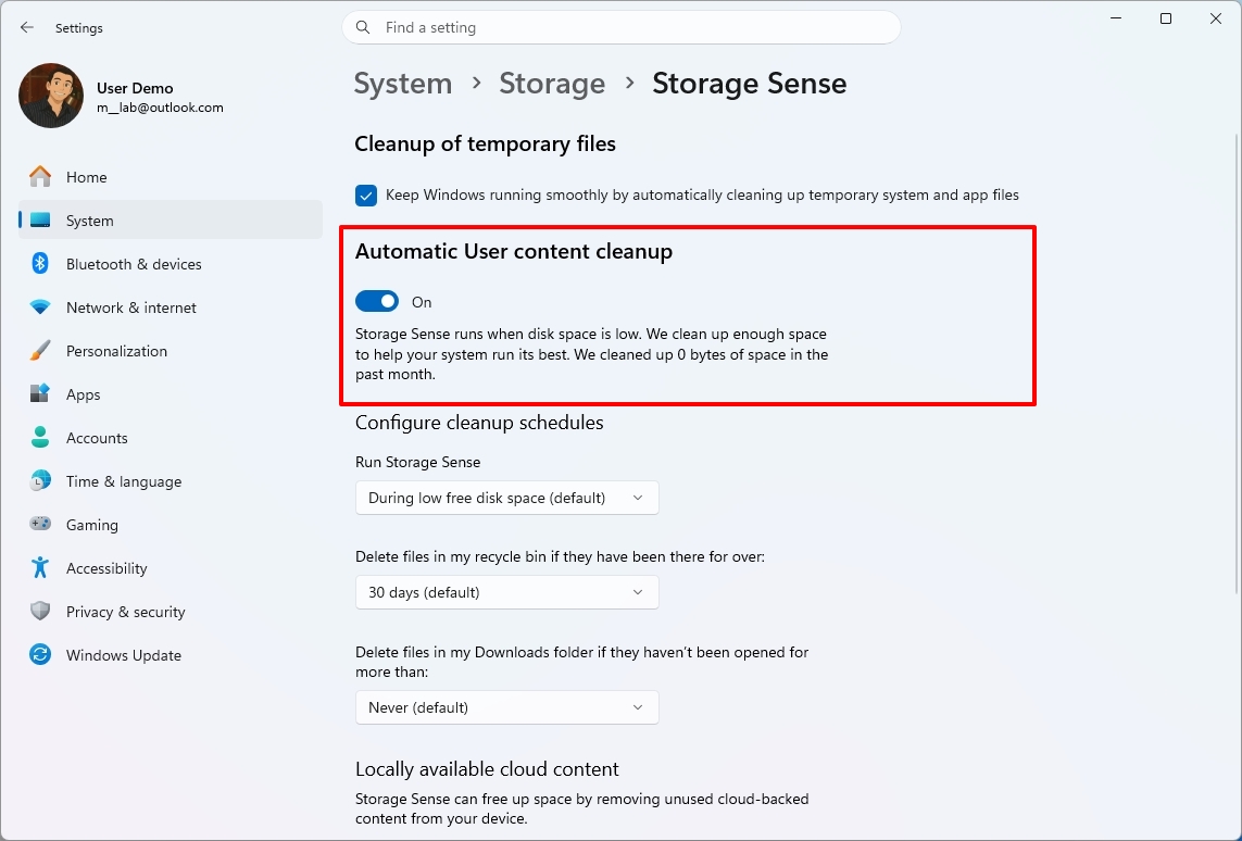Settings app in the Storage Sense page.