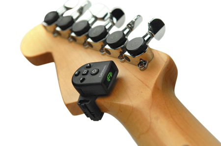 Best clip-on guitar tuners: D'Addario model attached to guitar headstock