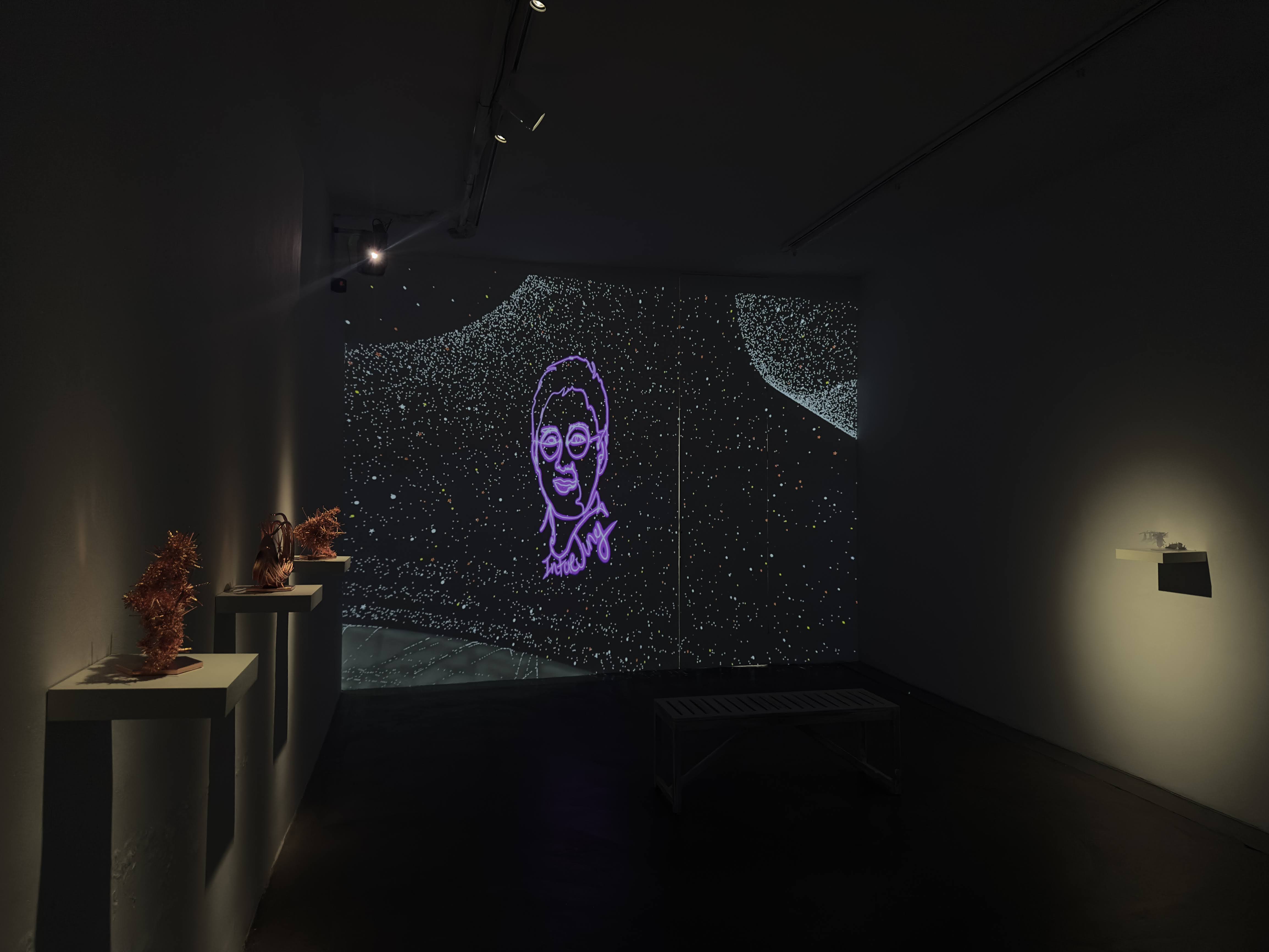 A projected image is on a dark screen in a darkened room of an art exhibit