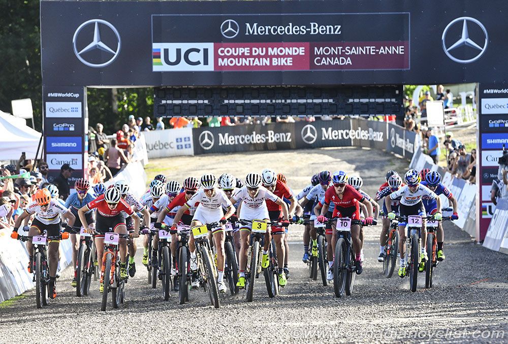 Jolanda Neff and Maja Wloszczowska (Kross Racing Team) at the front at start of women's race