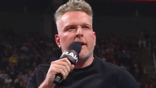 Pat McAfee cutting a promo on Monday Night Raw after being attacked by Gunther. 